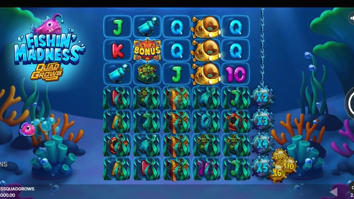 Tampilan visual slot Fishin’ Madness Quadgrows dengan tema bawah laut yang penuh warna.