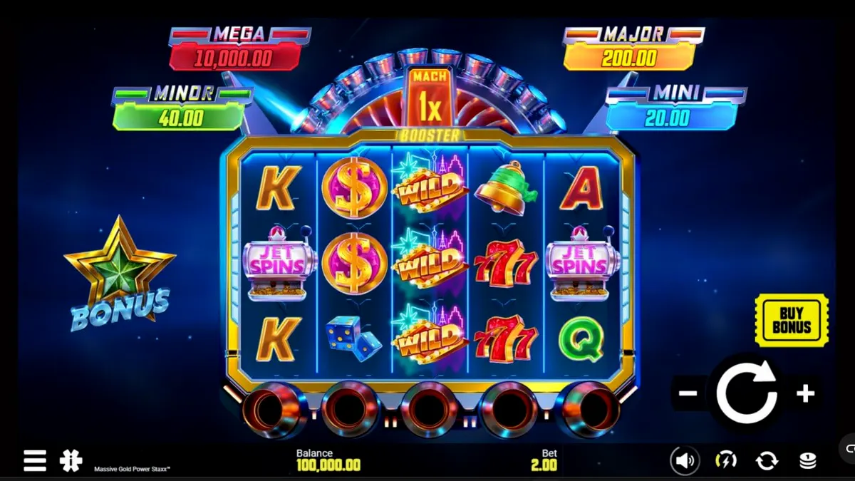 Tampilan layar game slot Massive Gold Power Staxx dengan tema neon futuristik di perangkat mobile